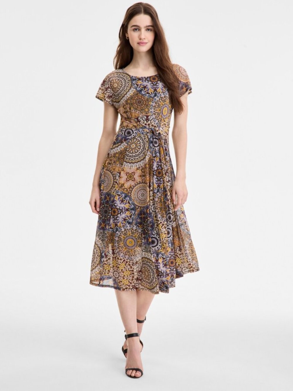 Robbie Bee Women's Printed Tie-Waist MIDI Dress - Navy Gold
